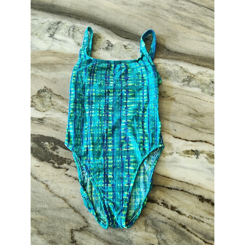 Womens Vintage 90s One Piece Swimsuit Teal Blue Ribbed‎ Abstract Plaid Size XS